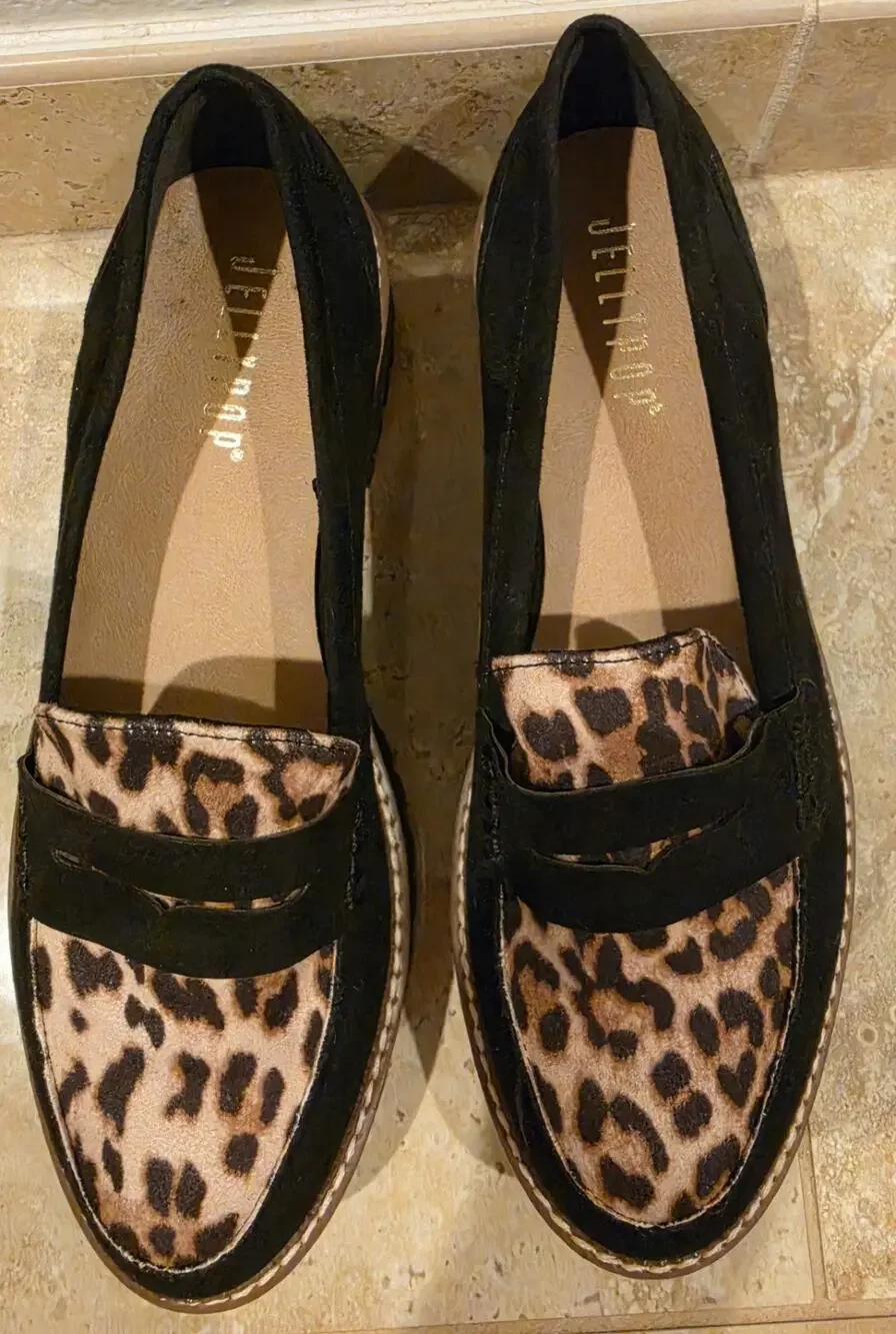 Jellypop Womens Black Leopard Print Lug Sole Penny Loafers Platform Shoes size 8